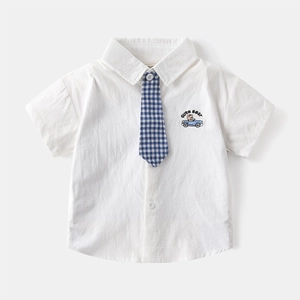 White short-sleeved cotton shirt for boys with a blue plaid tie and bear embroidery