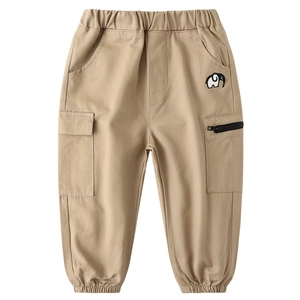 Kids khaki cotton cargo pants with elastic waist and elephant embroidery on white background