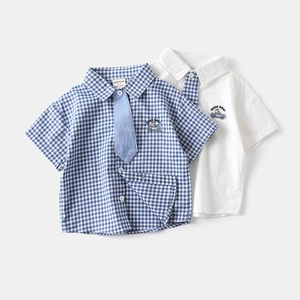 Classic boys short sleeve shirts with ties in blue check and plain white cotton