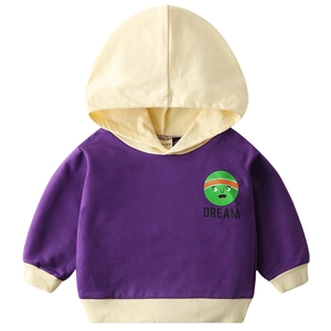 Kids purple color-block hoodie with cartoon smiley face and Dream print on white background