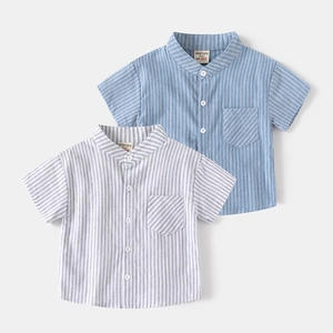 Boys Striped Short Sleeve Shirt 100% Cotton Korean Style Stand Collar Casual Summer Top For Toddlers Kids Clothing