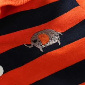 Boy's striped long-sleeve polo shirt featuring orange and navy knit with elephant embroidery