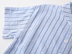 Detailed view of blue striped cotton shirt with V-neck collar and white buttons