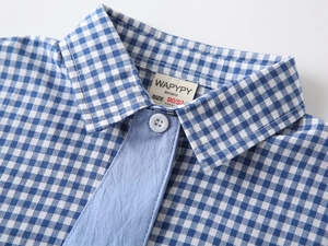 Detail of blue and white checkered cotton shirt collar with woven brand label