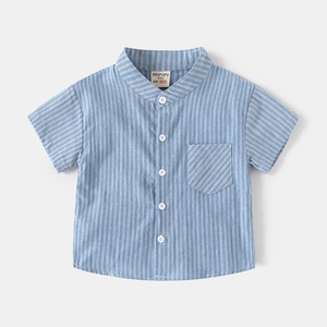 Classic blue and white striped cotton short sleeve button-down shirt for boys