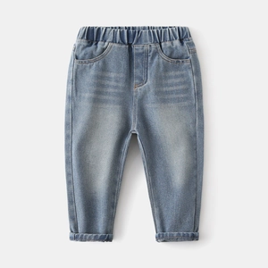 Classic light blue boy's denim jeans with elastic waistband and washed finish