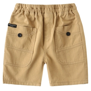 Boys khaki cotton leisure shorts with elastic waist and large cargo side pockets