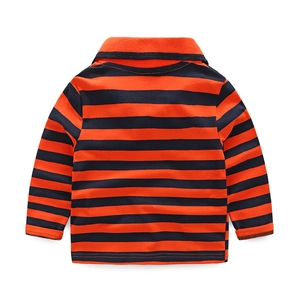 Front view of boys' long-sleeved polo shirt with orange and navy blue horizontal stripes