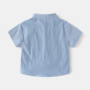 Back view of boys light blue and white striped short sleeve V-neck summer shirt