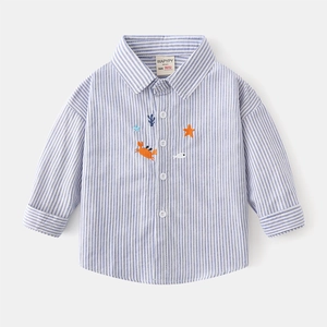 Chemise rayée à manches longues pour enfant en coton bleu avec broderie d'animaux marins
