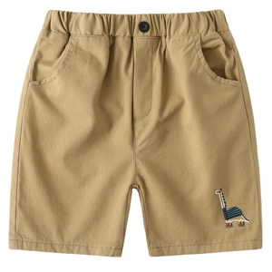 Short en coton kaki pour garçon avec broderie girafe et taille élastique pour l'été