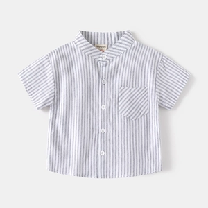 Boy's vertical striped short-sleeve shirt with V-neck collar and chest pocket detail