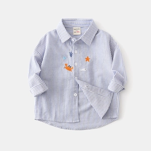 Chemise à Manches Longues à Rayures pour Garçons 100% Coton Avec Broderie Animaux Marins Style Coréen Haut Décontracté