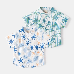 Kids Boys Short Sleeve Cotton Shirt Tropical Palm Tree Starfish Printed Casual V-Neck Beach Summer Top For Toddler Children