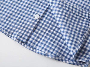 Detail of blue and white gingham shirt featuring neat stitching and a white button