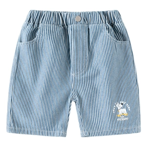 Kids blue and white striped denim shorts with cartoon dog print and elastic waist