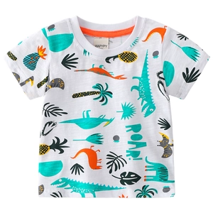 T-shirt enfant en coton avec imprimé intégral de dinosaures colorés et feuilles tropicales
