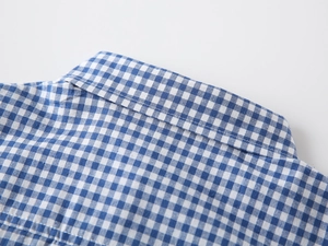 Detail of blue and white gingham cotton shirt showing collar stitching and fabric texture