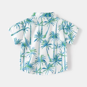 Back view of boys summer short sleeve shirt with blue palm tree tropical prints