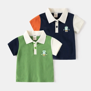 Polo pour Enfants en Mélange de Coton Imprimé Robot Manches Courtes Bloc de Couleur Haut Décontracté Été Garçons