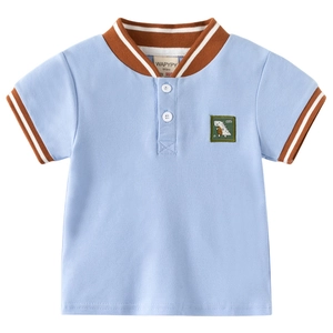 Toddler boys light blue polo shirt featuring green dinosaur embroidery and striped collar