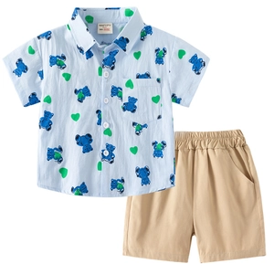 Boys short sleeve cotton shirt set with blue cartoon bear prints and khaki shorts