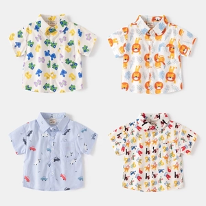 Boys Short Sleeve Cotton Printed Shirt Korean Style Cartoon Lion Puzzle Car Pattern Kids Breathable Summer Button Down Top