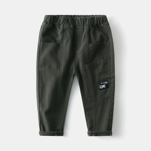 Deep olive green kids' casual cotton trousers with elastic waist and large patch pockets