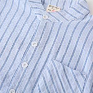 Toddler boys blue and white vertical striped short sleeve shirt with v-neck and pocket