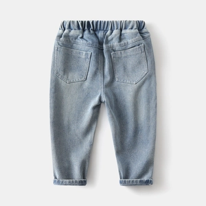Classic light blue washed denim jeans for boys with elastic waist and cuffed hems
