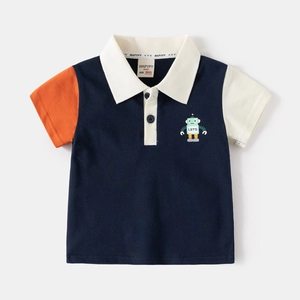Polo enfant bicolore à manches courtes avec motif robot de dessin animé bleu foncé
