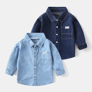 Boys Cotton Denim Shirt Long Sleeve Casual Button Up Lapel Solid Color Loose Korean Style Kids Clothing Autumn Spring Tops
