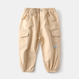 Beige kids cargo pants with elastic waist and side pockets in a casual cotton style