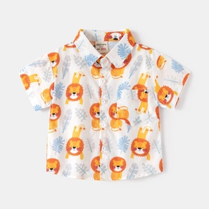 Kids short sleeve shirt with cute yellow lion and blue feather print for summer