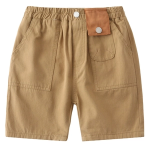 Boys' khaki cotton cargo shorts with elastic waist and large front utility pockets