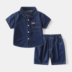 Boys Summer Denim Two-Piece Short Sleeve Shirt And Shorts Cotton Casual Korean Style Kids Clothing Outfits