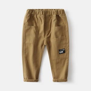 Flat lay of boys khaki casual cotton pants with elastic waist and stylish side pocket