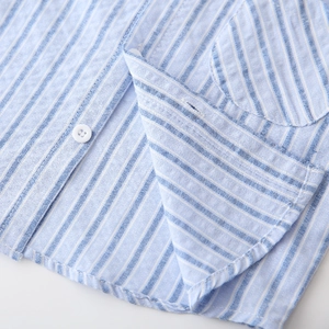 Short-sleeve striped cotton-linen shirt for boys featuring V-neck and blue stripes
