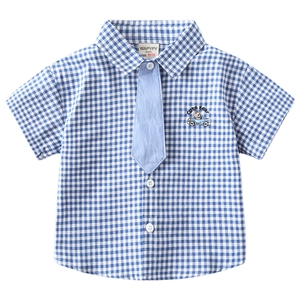 Boys short sleeve blue plaid shirt with cute bear embroidery and light blue necktie