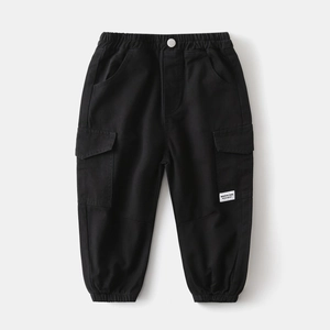 Kids black cargo jogger pants with elastic waist and side flap pockets for spring and autumn