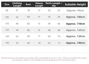 Detailed size chart for boys summer denim set including length, chest, and height guide