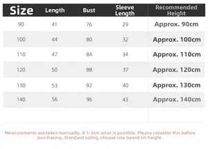 Detailed size chart for kids denim shirt including length, chest, and sleeve measurements