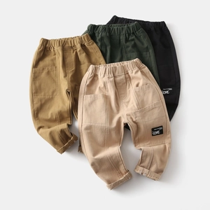 Boys Casual Cotton Cargo Pants Solid Color Elastic Waist Washed Trousers With Pockets For Spring Autumn Kids Clothes