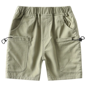 Casual olive green boys cargo shorts with elastic waistband and large pockets