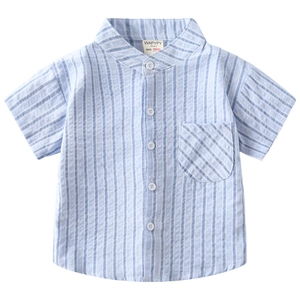 Classic blue and white vertical striped short sleeve shirt for boys with mandarin collar