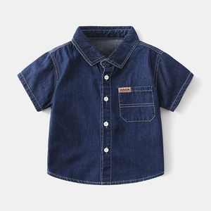 Short sleeve denim shirt for boys with turn-down collar and single chest pocket