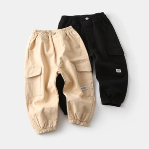Kids casual cargo pants set in khaki and black with elastic waist and ribbed cuffs