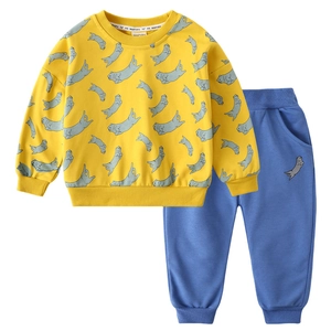 Cartoon cat print toddler tracksuit with yellow sweatshirt and blue joggers outfit set