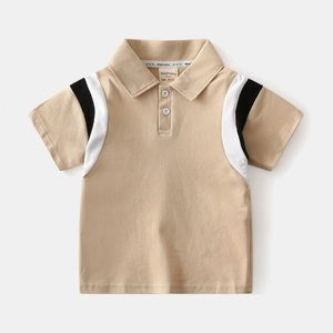 Kids color-block polo shirt in beige with stylish black and white shoulder stripes