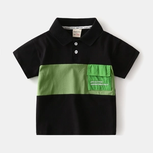 Kids black and green colorblock short sleeve polo shirt with chest pocket